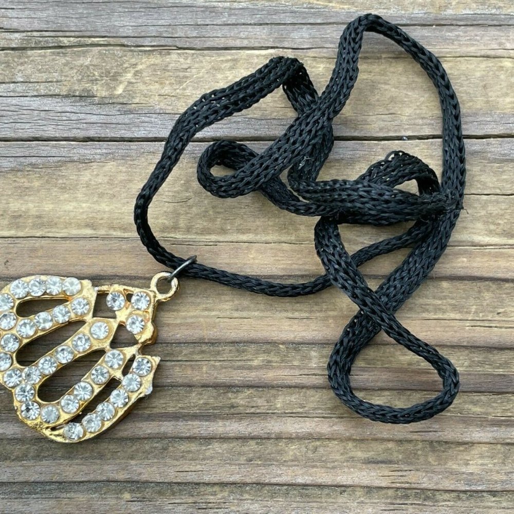 ALLAH Necklace Gold Tone Crystals Accent Fashion Religious Jewelry W/ Black Cord